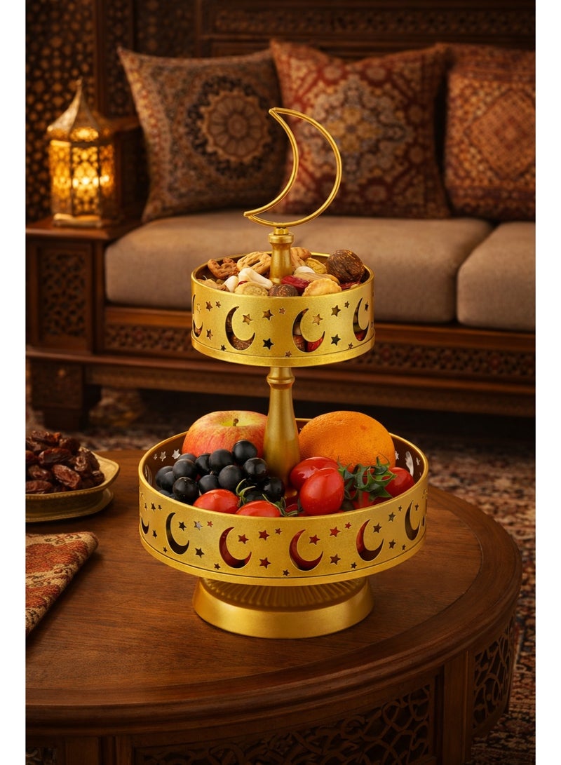 دائرة مربعة حامل تقديم معدني ذهبي 2 طوابق بتصميم الهلال والنجوم – حامل فواكه وتمور وحلويات لرمضان، مثالي للتجمعات العائلية والضيافة - Image 2